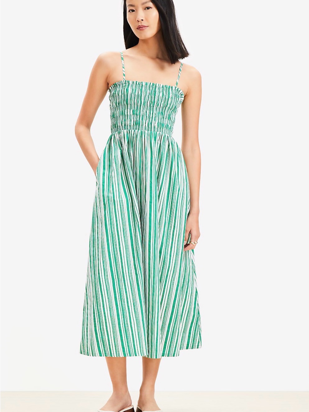 Loft Green And White Striped Smocked Midi Dress